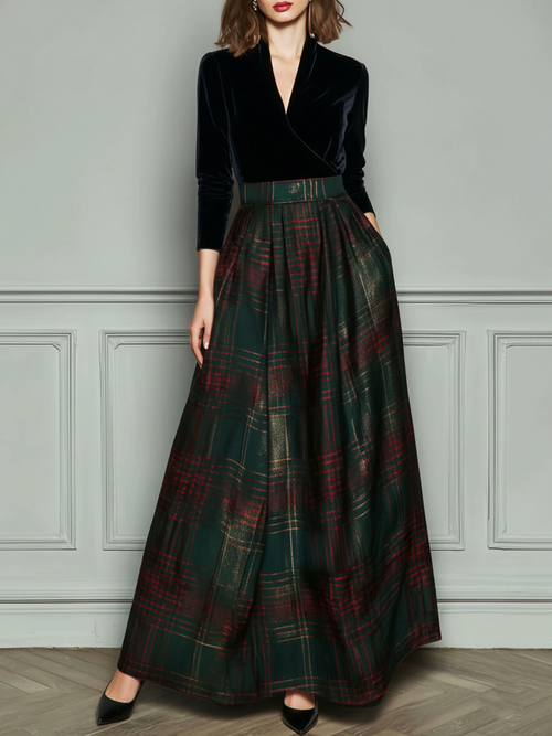 ManukarX Black Velvet Plaid Maxi Dress - Elegant V-Neck Patchwork Fit