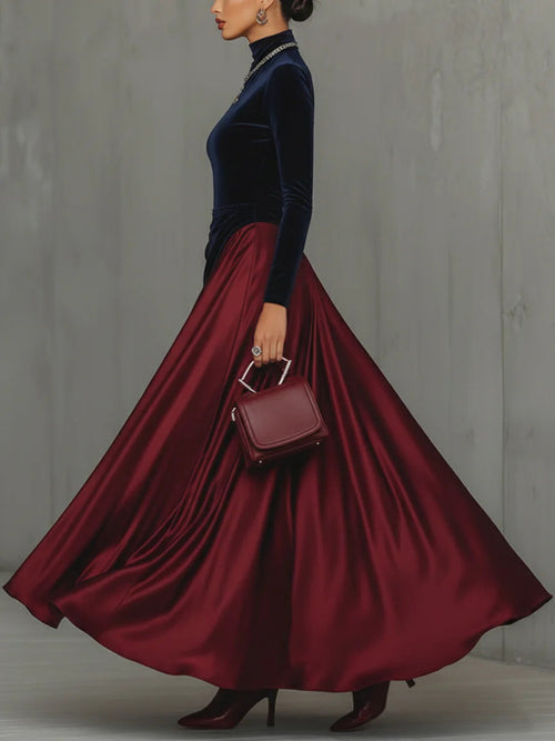 ManukarX Blue Velvet and Burgundy Satin Maxi Dress - Color Block