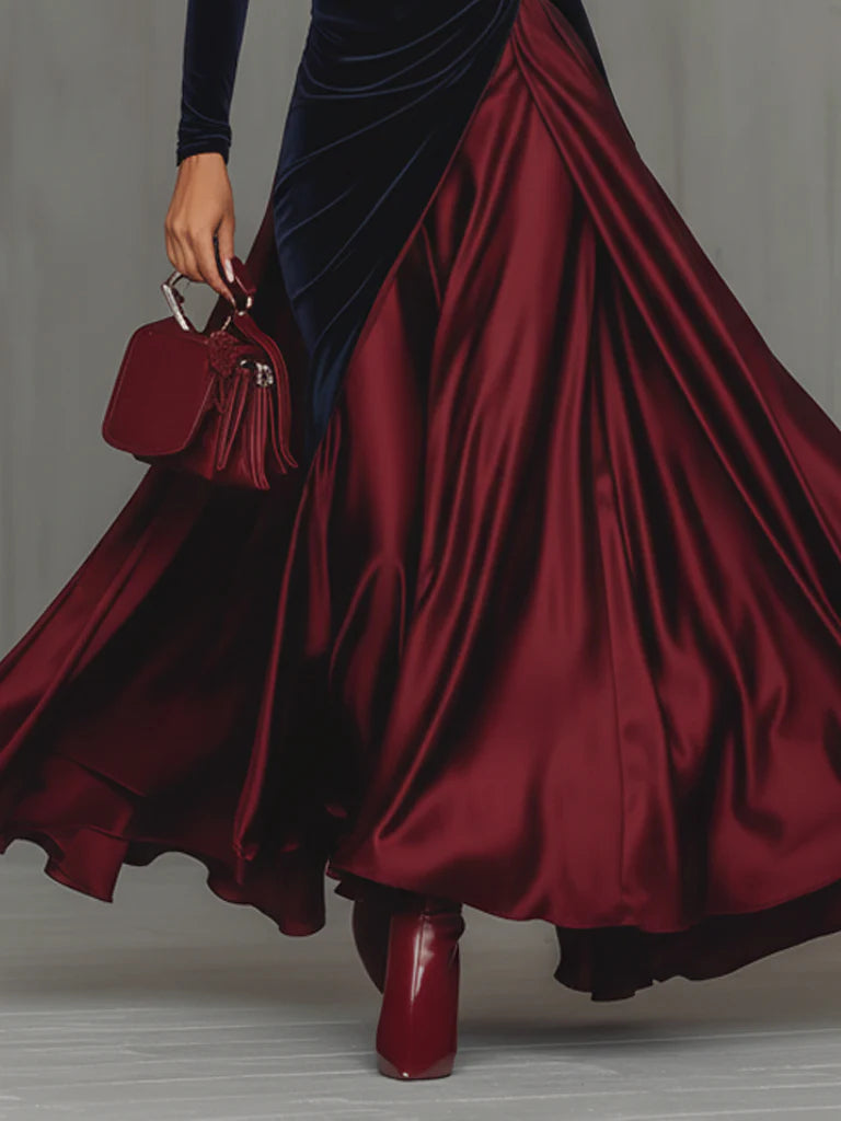 ManukarX Blue Velvet and Burgundy Satin Maxi Dress - Color Block