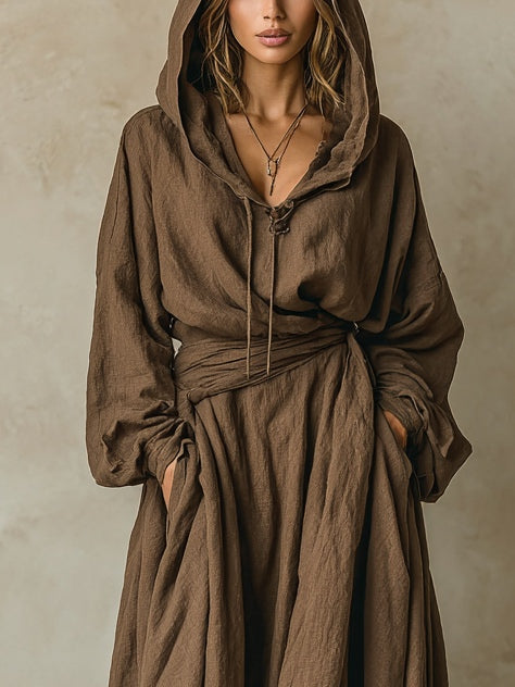 ManukarX Brown Maxi Dress - Hooded Faux Cotton Linen Loose Fit