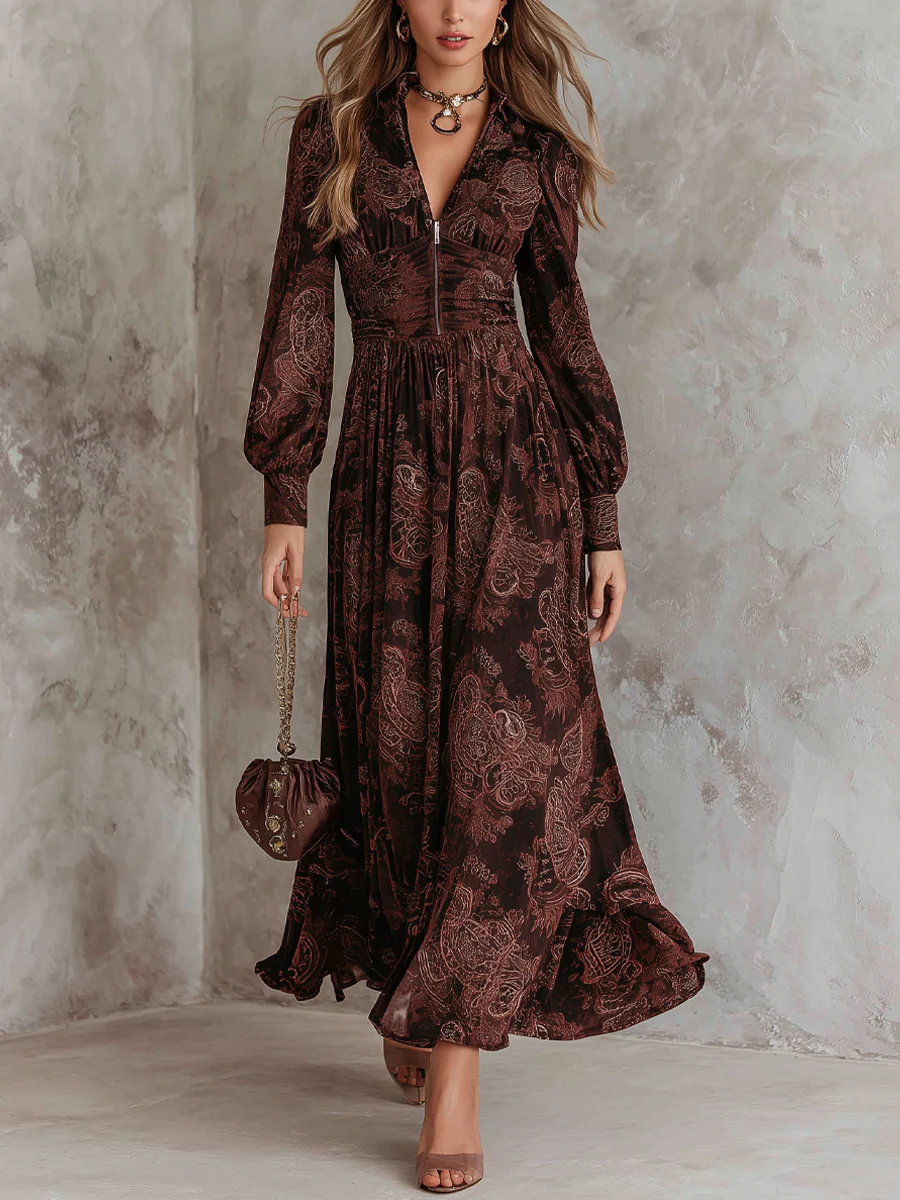 ManukarX Brown Paisley Maxi Dress - V-Neck & Zippered Waist Fit