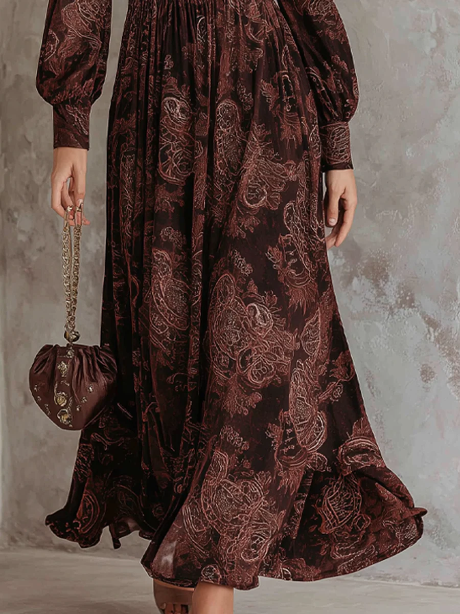 ManukarX Brown Paisley Maxi Dress - V-Neck & Zippered Waist Fit