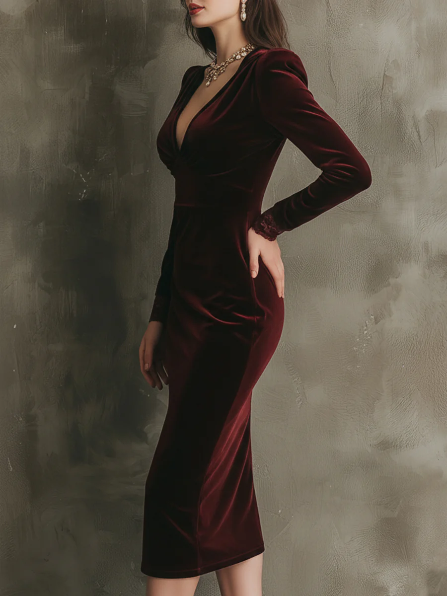 ManukarX  Burgundy Velvet V-Neck Midi Dress - Elegant Lace Trim